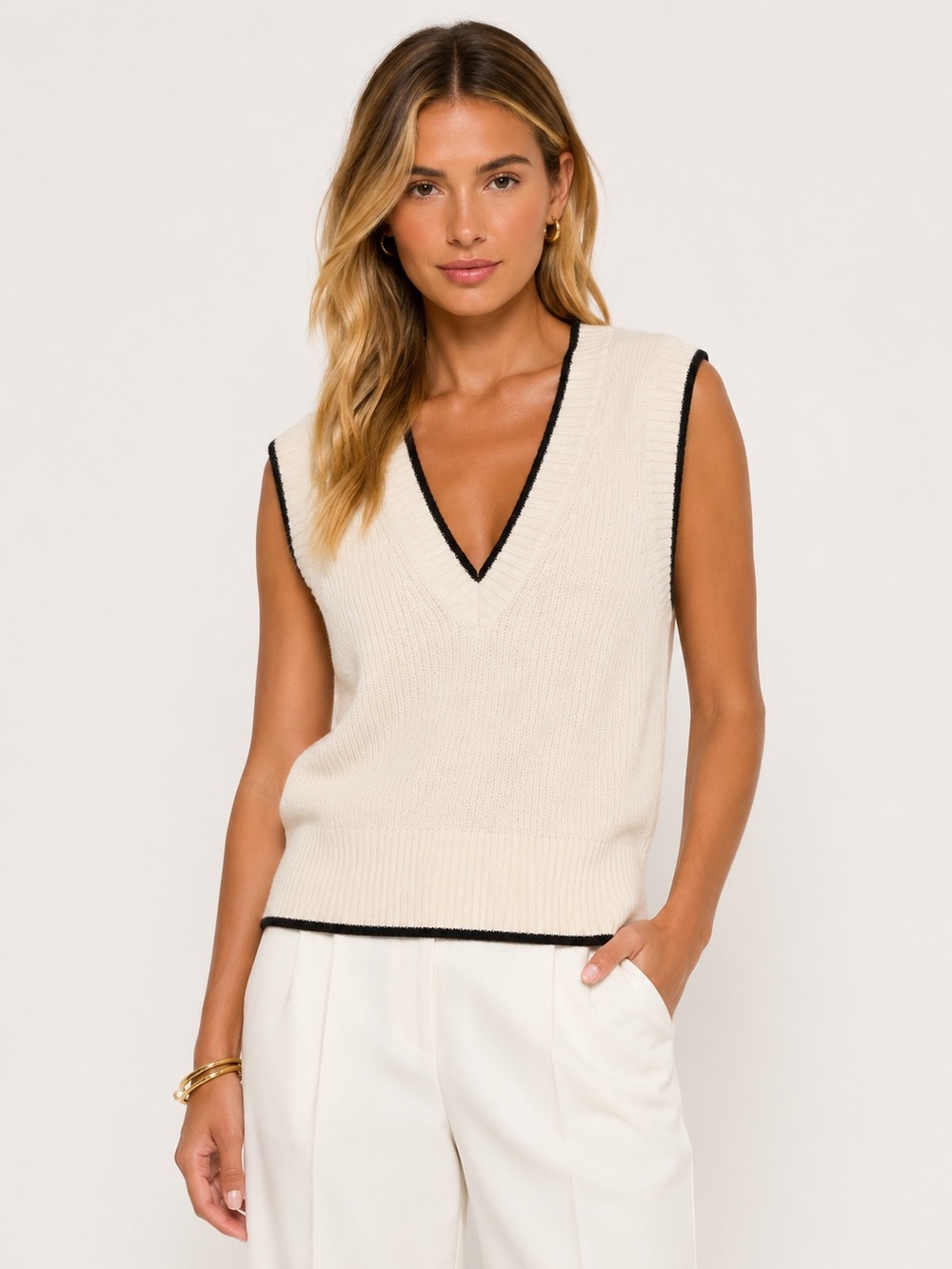 Babaton Cream V-Neck Sweater Vest with Black Trim